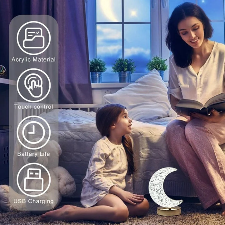 Crystal Table Lamp | Moon Shape Touch Control Lamp with 3 Color | Metal Bedside Lamp for Kids Bedroom Romantic Desktop Nightstand | Stepless Dimming USB Charging Touch Night Light Your Brand