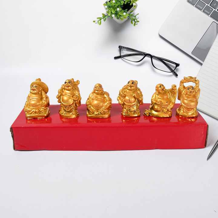 Golden Laughing Buddha Set Of Six Pieces Statue For Happiness, Wealth & Good luck Decor For Wealth and Success (6 Pcs Set) Your Brand