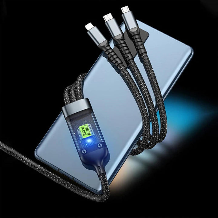 3-in-1 Super Fast Charging Cable 100w, Multifunctional Convenient Super Fast Charging Cable Nylon Braided Cord, 3-in-1 Silicone Zinc Alloy 3 Head Charging Cable Your Brand