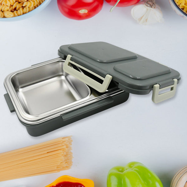 Miracle Quick Lock Leak Proof 2 Compartment Stainless Steel LUNCH BOX Inner Plate Reusable Microwave Freezer Safe Lunch Box Trendy Thermal Insulation Leak Proof for Office Vacuum Tiffin Box for Boys / Girls / School / Office Women and Men  Your Brand