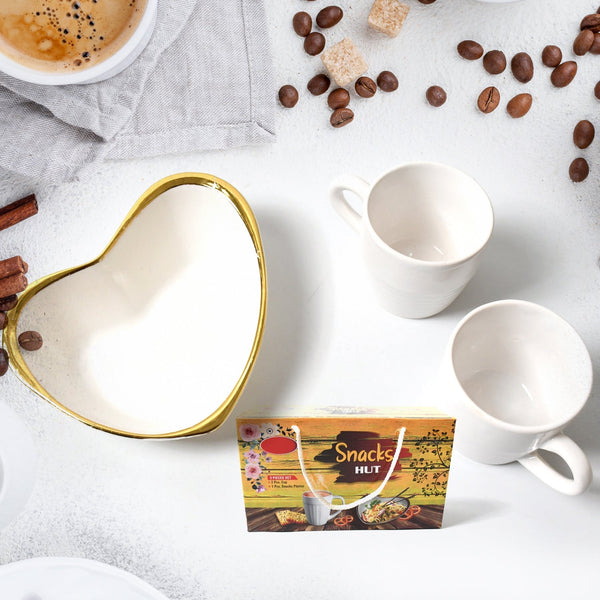 Snacks Hut Ceramic Tea / Cups Set With Heart Shape Plastic Serving Platter, Milk Cup / Mug, Coffee Cup, Tea Cup BPA Free Food Grade, or Outdoor for Household Gift For Birthday (3 Pcs Set) Your Brand