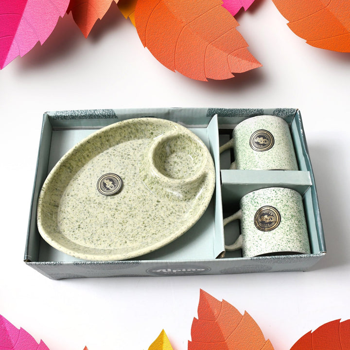 Alpino Ceramic Tea / Cups Set With Plastic Serving 2 Compartment Platter, Milk Cup / Mug, Coffee Cup, Tea Cup BPA Free Food Grade, or Outdoor for Household Gift For Birthday (3 Pcs Set) Your Brand