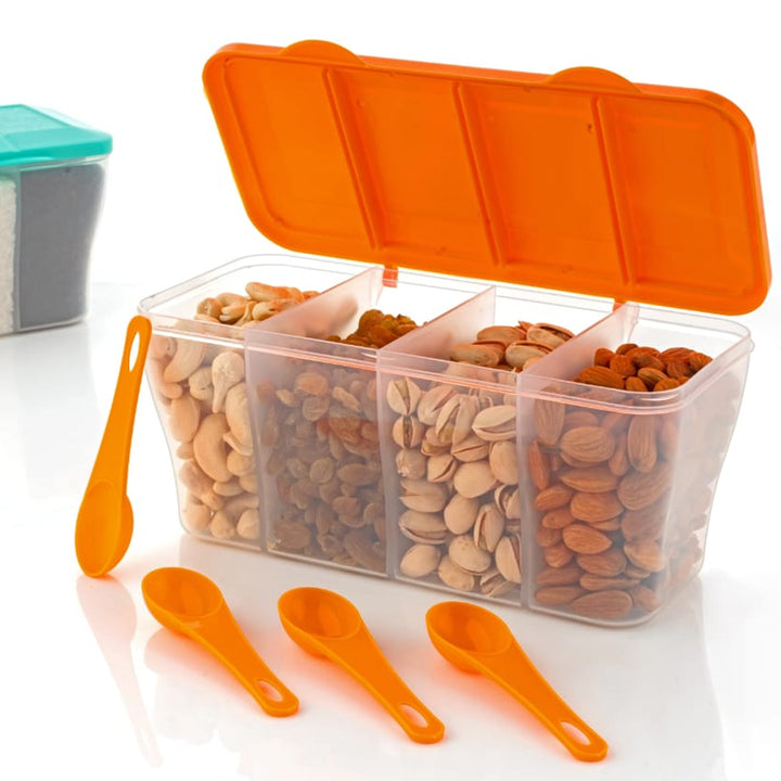 Kitchen Multipurpose Air-tight 4 Sections Storage Containers / Pickle (Achar) Jar with 4 spoon for each section (1 Pc / Mix Color) Your Brand