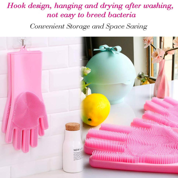Dishwashing Gloves with Scrubber| Silicone Cleaning Reusable Scrub Gloves for Wash Dish Kitchen| Bathroom| Pet Grooming Wet and Dry Glove (1 Pair, 250 Gm) Your Brand