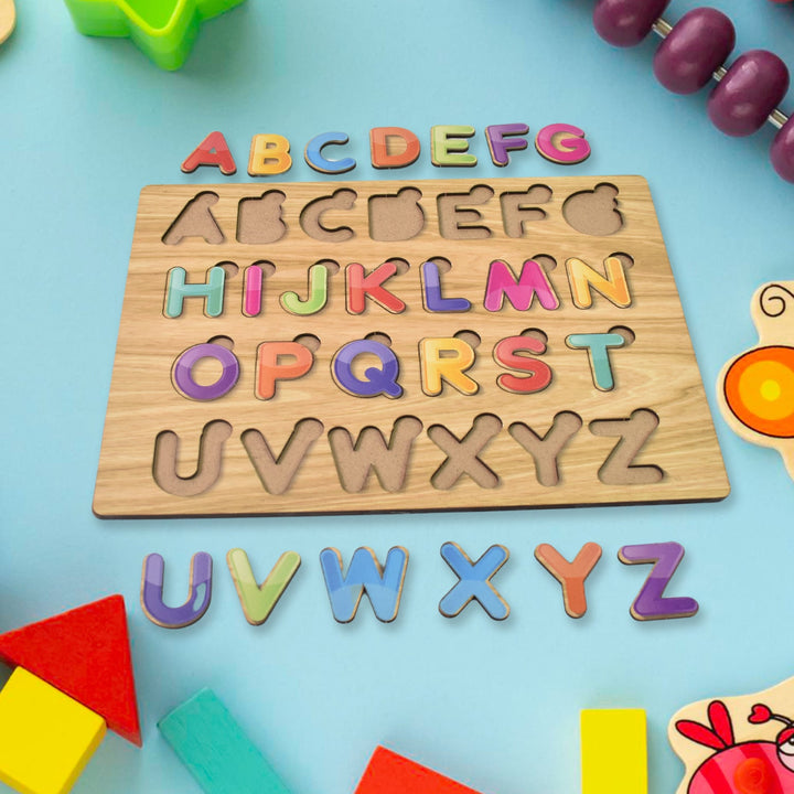 Wooden Puzzle Board ABC Letters Shapes Educational Learning Toys (1 Set) - TezCart