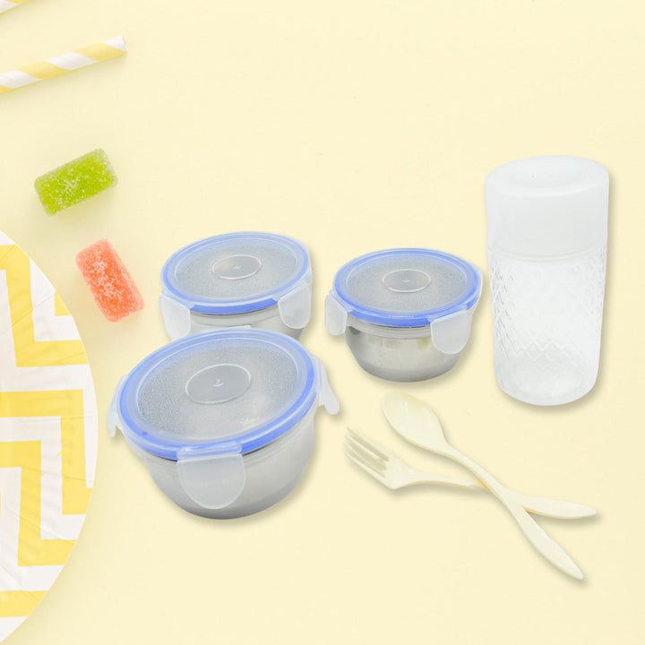 6In1 Tiffin Box-Lunch Box | 3 Stainless Steel Containers | Plastic lid Box | Spoon & Fork /Plastic Bottle | Insulated Fabric Bag | Leak Proof | Microwave Safe  for Office, College and School for Men, Women (6 pcs) Your Brand