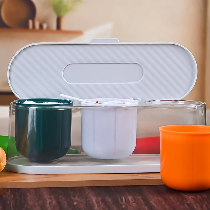 Home Kitchen 3 Grid Seasoning Spice / Masala Box Kit with Spoon (Multicolor / 1 Set) - TezCart