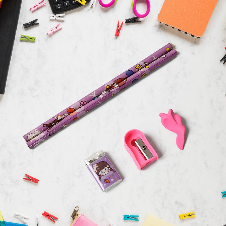 Stationery Set for Girls and Boys | Kids Return Gift - 7 In 1 School Items For Kids-Pencils, Eraser, Sharpener, Pouch, Pencil Extender | Birthday Gift Idea Stationary Kit Set for School Kids (Pack of 7 Pcs Set) Your Brand