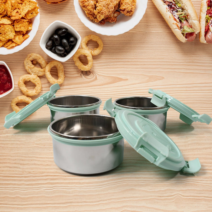 Ganesh 4In1 Tiffin Box-Lunch Box | 3 Stainless Steel Containers 300 Ml Approx & Plastic Salad Container 200 Ml Approx| Plastic lid Box | Round Zip Bag | Leak Proof | Microwave Safe for Office, College and School for Men, Women  Your Brand