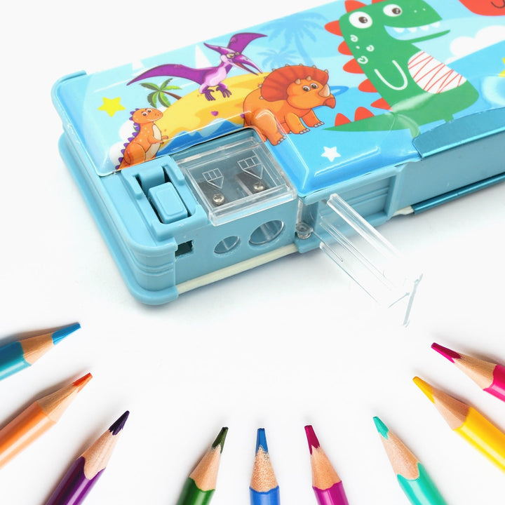 Plastic Multipurpose Compass Box – Double Deck Pencil Case with 2 Compartments & Cartoon Organizer (1 Pc, Mix Design) Your Brand