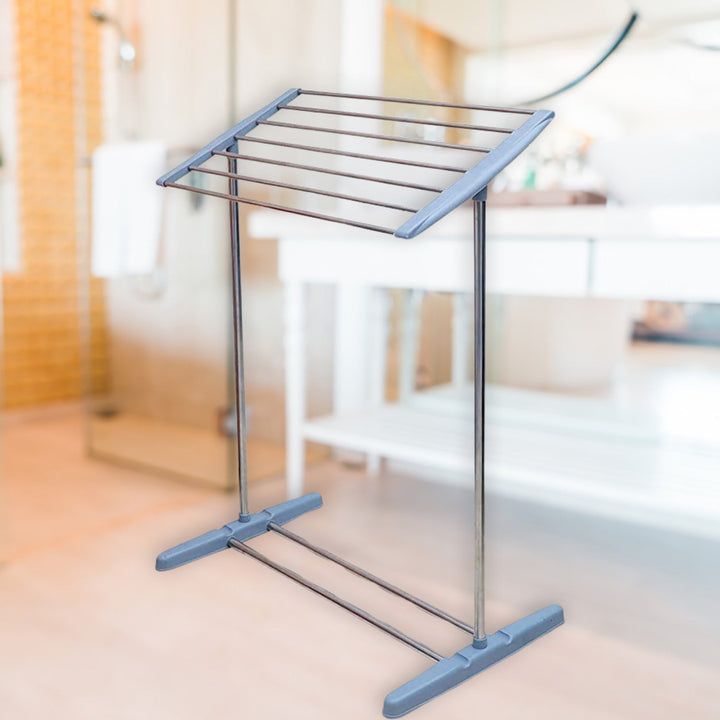 Multi-Functional Single Tier Mobile Towel Foldable Rack for Cloth and Towel / Stainless Steel and Plastic Made Mobile Towel and Cloth Rack Holder Indoor / Outdoor Standing Movable Cloth Dryer Rack, Balcony Cloth Drying Stand Your Brand