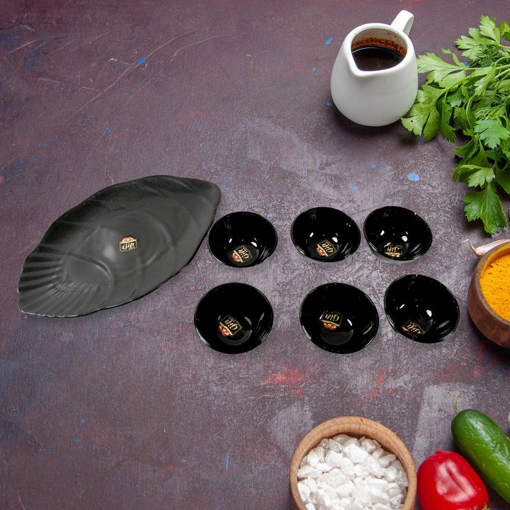 Hello Sweet Round Ceramic Snacks Bowl With Plastic Leaf shape Serving platter Portable, Lightweight Breakfast, Serving Bowl | Ideal for Rice, Pasta, Desserts Home & Kitchen Serving Bowl & platter (7 Pcs set) Your Brand