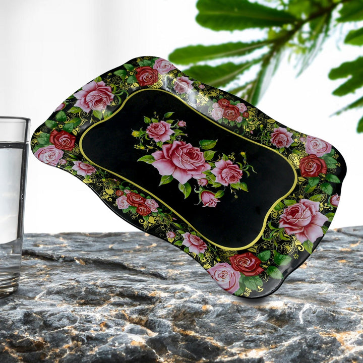 Stainless Steel Serving Tray With Flower Printed Rectangle Premium Dining Table Plate (18 x 8.5 Inch / 1 Pc) Your Brand