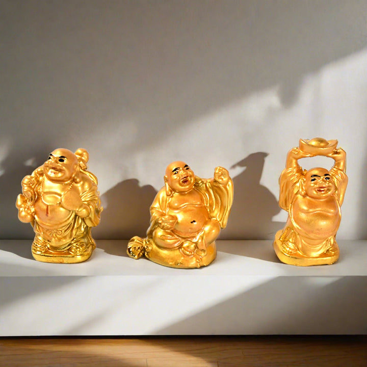 Golden Laughing Buddha Set Of Six Pieces Statue For Happiness, Wealth & Good luck Decor For Wealth and Success (6 Pcs Set) Your Brand