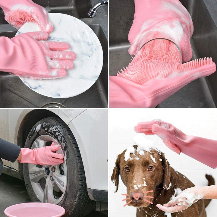 Dishwashing Gloves with Scrubber| Silicone Cleaning Reusable Scrub Gloves for Wash Dish Kitchen| Bathroom| Pet Grooming Wet and Dry Glove (1 Pair, 250 Gm) Your Brand
