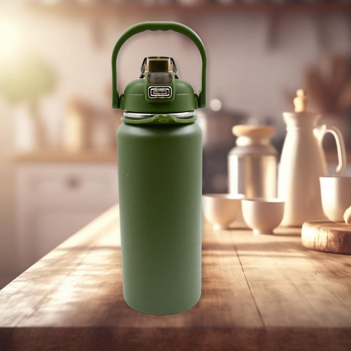 Stainless Steel Water Bottle with Straw, Strap & Handle  Vacuum Insulated Thermos Flask Double-Walled Coffee Thermos Flask Leak-proof Water Bottle for Sports, Fitness, Gym (1500ML) Your Brand