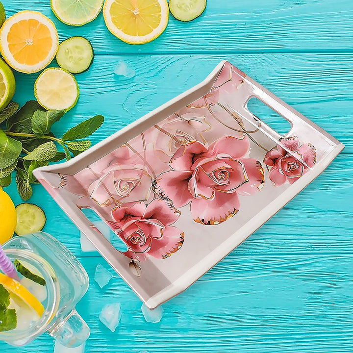 Plastic Rectangular Shape Flower Printed Design Serving Tray 3 pcs Home and Kitchen Use (3 pcs set) Your Brand