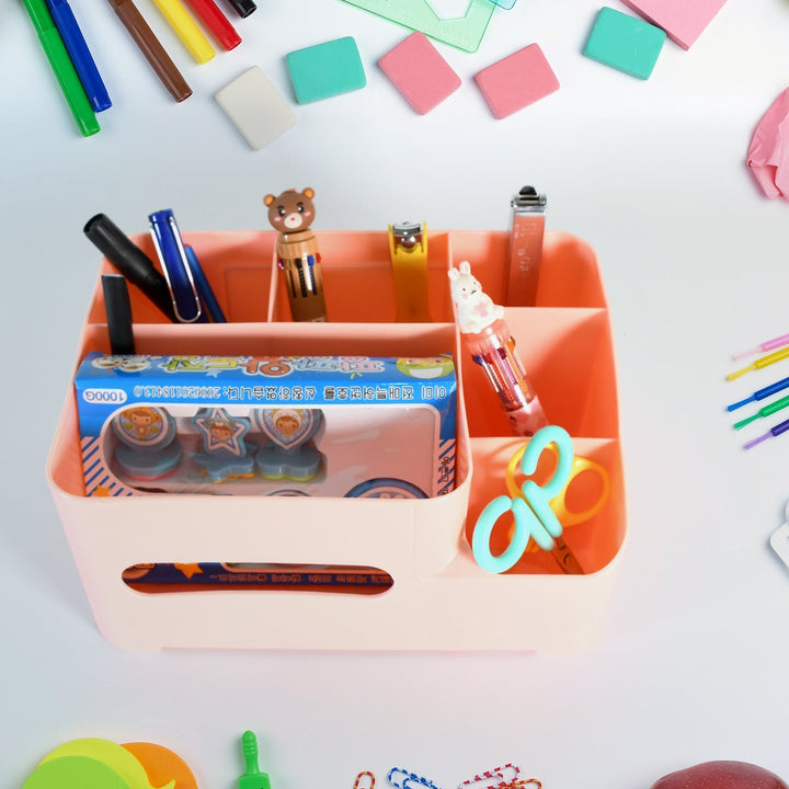 Tissue Paper Storage Holder, Stationery Storage Remote Control, Decorative Pen, Pencil, Napkin, Mobile Phone Multi-Function Desk Storage Organizer for Home and Office (6 Compartment) Your Brand