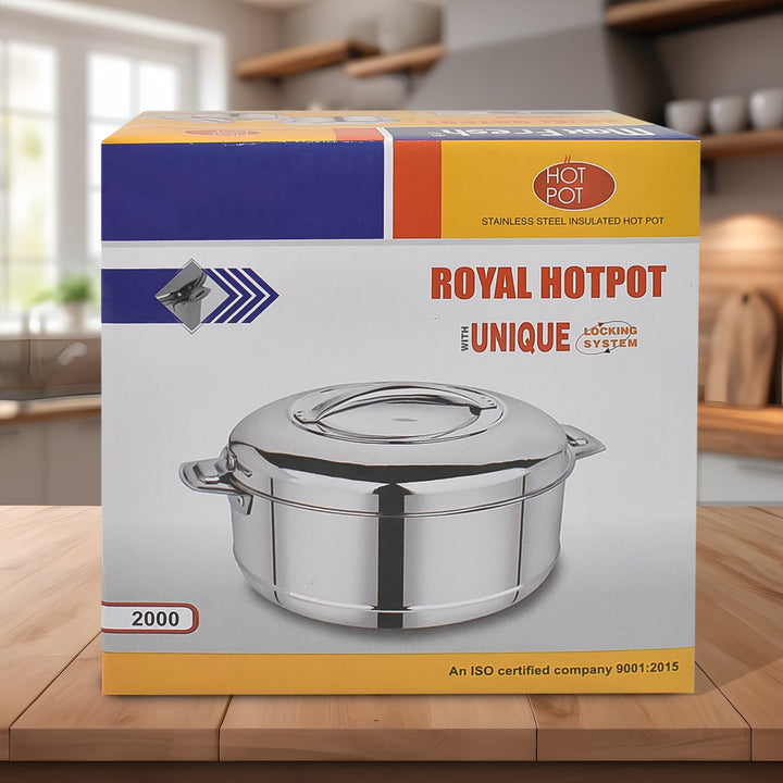 Royal Unique Hot Pot Stainless Steel Insulated Serving Casserole with Lid Handle (2000 ML) - TezCart