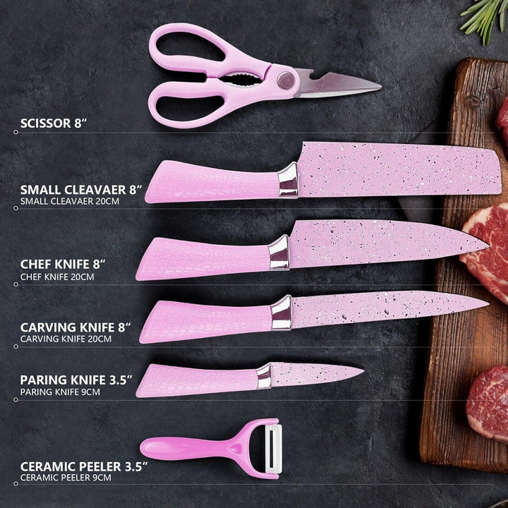 Stainless Steel Non Stick Ceramic Coating 6 Pcs Chef Kitchen Knife Set with Scissor & Peeler - TezCart