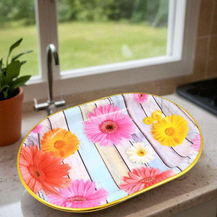 Plastic Flower Printed Design Serving Tray (3 Pcs Set / Mix Color) - TezCart