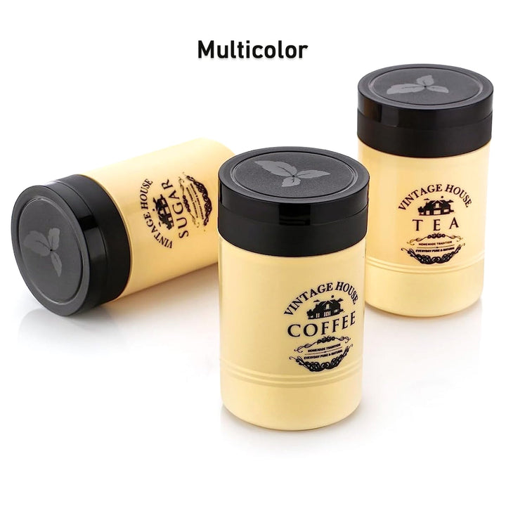 Accurate Seal Tea Sugar Coffee Container - 3 Pcs Plastic Damru Shaped Tea, Coffee, Sugar Canisters Jar, New Airtight Food Seal Containers for Salt, Dry Fruit, Grocery Multicolor (3 Pcs Set) Your Brand