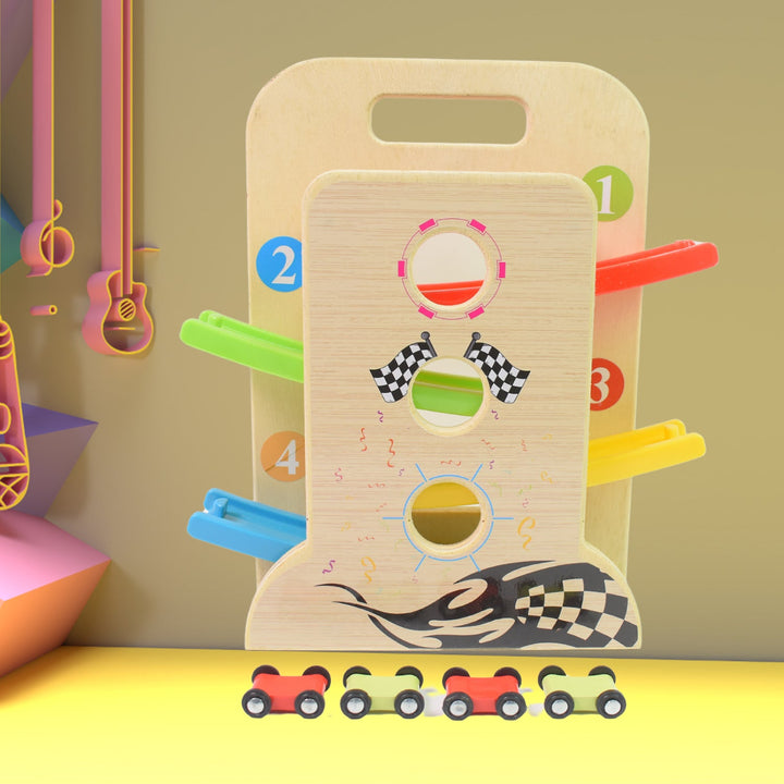 Wooden Ramp Racer Race Track Vehicle Play sets With 4 Mini Racers (with Handle) - TezCart