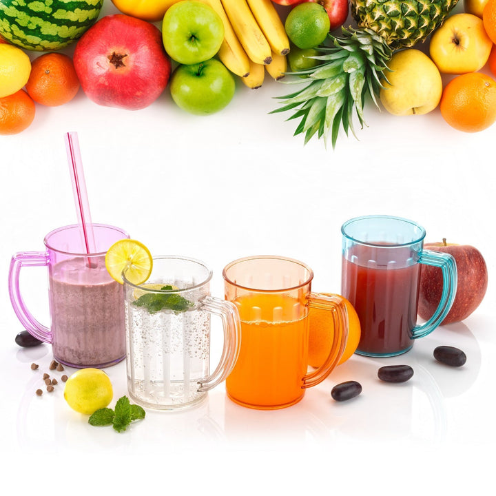 Stylish Juice Glass With Handle, Water Glass, Beer Glass, Milk Shake Glass, Multipurpose Glass Plastic Beer Mug, Unbreakable Beer Tasting Glasses, Clear Juice Glasses Suitable for Kids (2 pc) Your Brand