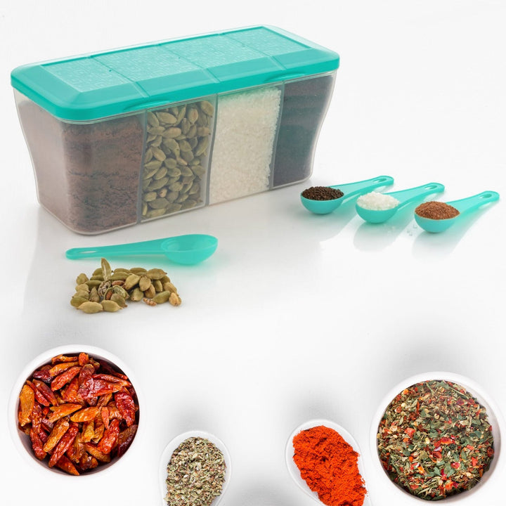 Kitchen Multipurpose Air-tight 4 Sections Storage Containers / Pickle (Achar) Jar with 4 spoon for each section (1 Pc / Mix Color) Your Brand