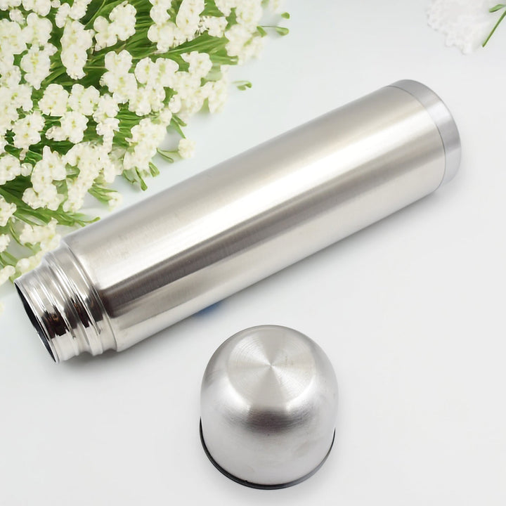 Vacuum Flask With Cover, 18/8 Stainless Steel | Hot and Cold Water Bottle with Push-Down Lid | Double Walled Stainless Steel Bottle for Travel, Home, Office, School, Picnic ( Approx 500 ML / With Cover) Your Brand