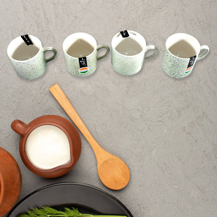 Sunday Funday Ceramic Tea / cups / Mug With Plastic Snacks Platter and 2 compartment Chutney Bowl Milk Cup, Coffee Cup, Breakfast Cup, Drinking Mug or Outdoor for Household, Gift for Birthday, Wedding Party (6 Pcs set) Your Brand