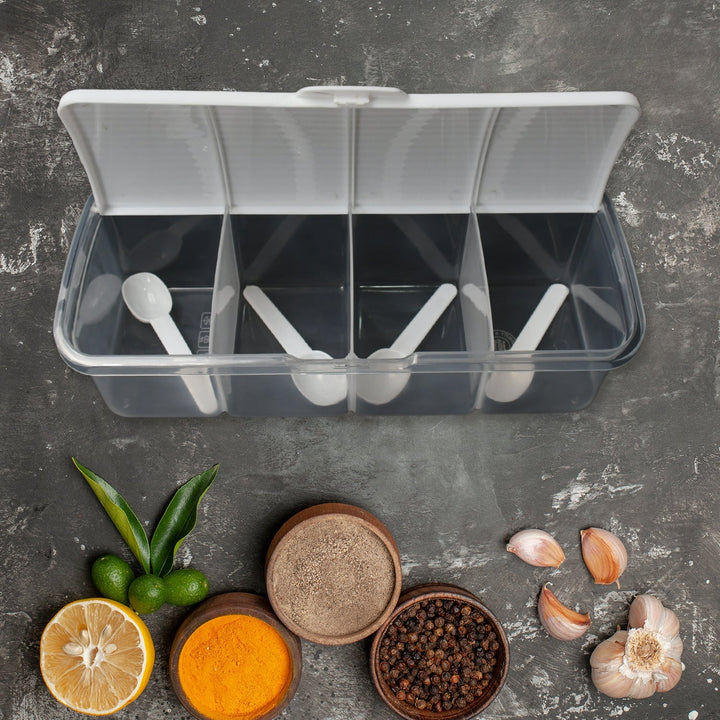 Kitchen Multipurpose Air-tight 4 Sections Storage Containers / Masala Box Pickle (Achar) Jar with 4 spoon for each section (1 Pc / Mix Color) Your Brand