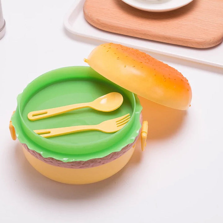 Burger Shape Lunch Box Plastic Lunch Box Food Container Sets Double Layer Lunchbox 1000ml With 2 Spoon Applicable to Kids and Elementary School Students Your Brand