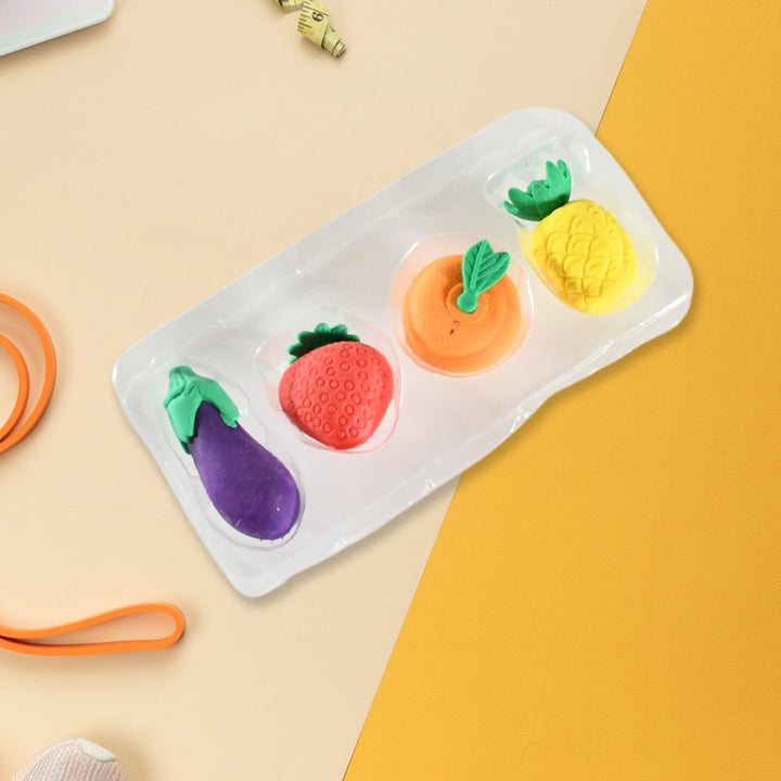 Mini Cute Vegetables and Fruits Erasers or Pencil Rubbers for Kids, 1 Set Fancy & Stylish Colorful Erasers for Children, Eraser Set for Return Gift, Birthday Party, School Prize, 3D Erasers  (4 pc Set) Your Brand