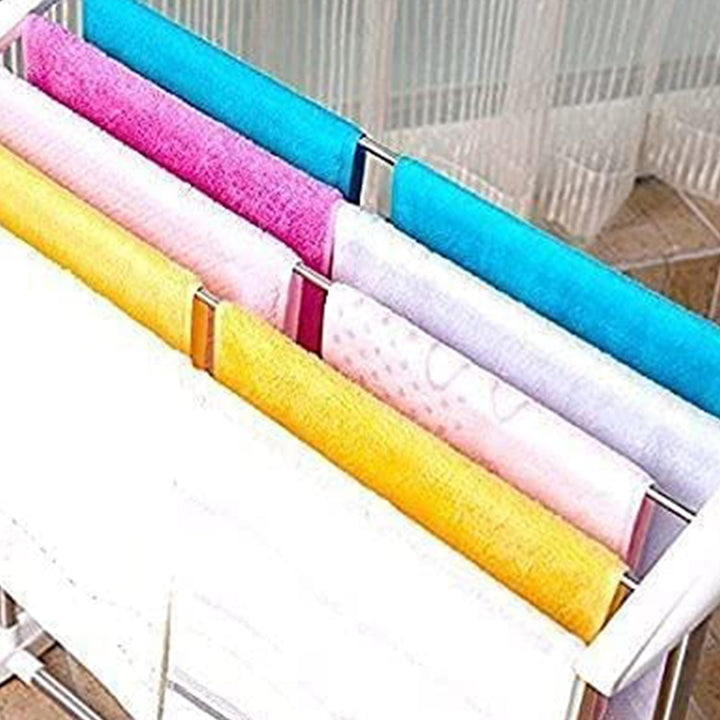 Multi-Functional Single Tier Mobile Towel Foldable Rack for Cloth and Towel / Stainless Steel and Plastic Made Mobile Towel and Cloth Rack Holder Indoor / Outdoor Standing Movable Cloth Dryer Rack, Balcony Cloth Drying Stand Your Brand