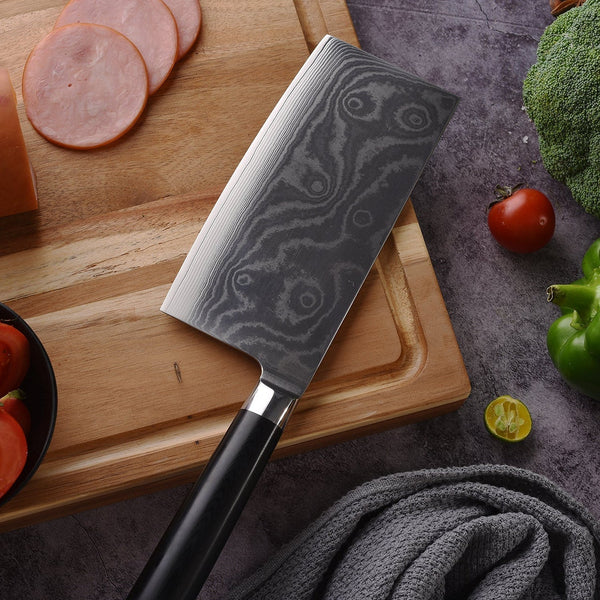 Stainless Steel Chef Damascus Cleaver Vegetable Knife with Plastic Handle & Cover, Multipurpose Use for Kitchen or Restaurant (12 Inch) Your Brand
