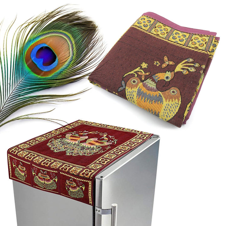 Cotton Fridge Top Cover Set - Standard, Appliance Covers Fridge Dustproof Cover with Peacock Deign 6 Utility Side Pockets Fridge Cover For All types Fridge Refrigerator Use (100x60CM) Your Brand