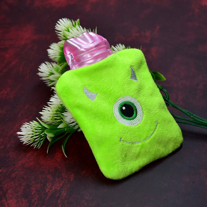 Green One-Eyed Monster Print Small Hot Water Bag with Cover for Pain Relief Your Brand