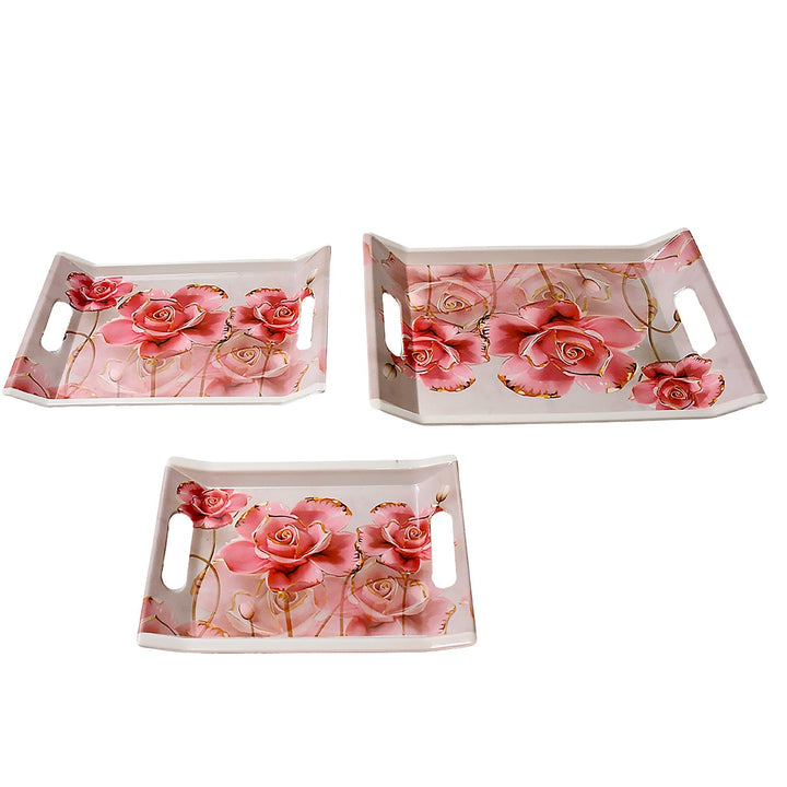 Plastic Rectangular Shape Flower Printed Design Serving Tray 3 pcs Home and Kitchen Use (3 pcs set) Your Brand