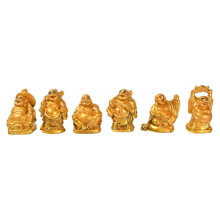 Golden Laughing Buddha Set Of Six Pieces Statue For Happiness, Wealth & Good luck Decor For Wealth and Success (6 Pcs Set) Your Brand