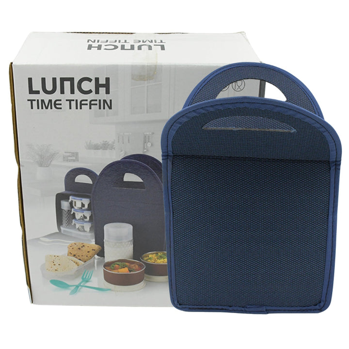 6In1 Tiffin Box-Lunch Box | 3 Stainless Steel Containers | Plastic lid Box | Spoon & Fork /Plastic Bottle | Insulated Fabric Bag | Leak Proof | Microwave Safe  for Office, College and School for Men, Women (6 pcs) Your Brand