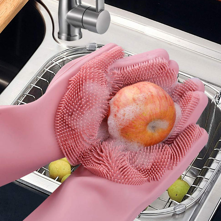 Dishwashing Gloves with Scrubber| Silicone Cleaning Reusable Scrub Gloves for Wash Dish Kitchen| Bathroom| Pet Grooming Wet and Dry Glove (1 Pair, 250 Gm) Your Brand