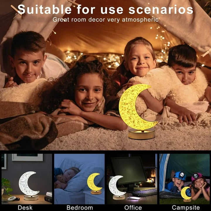Crystal Table Lamp | Moon Shape Touch Control Lamp with 3 Color | Metal Bedside Lamp for Kids Bedroom Romantic Desktop Nightstand | Stepless Dimming USB Charging Touch Night Light Your Brand