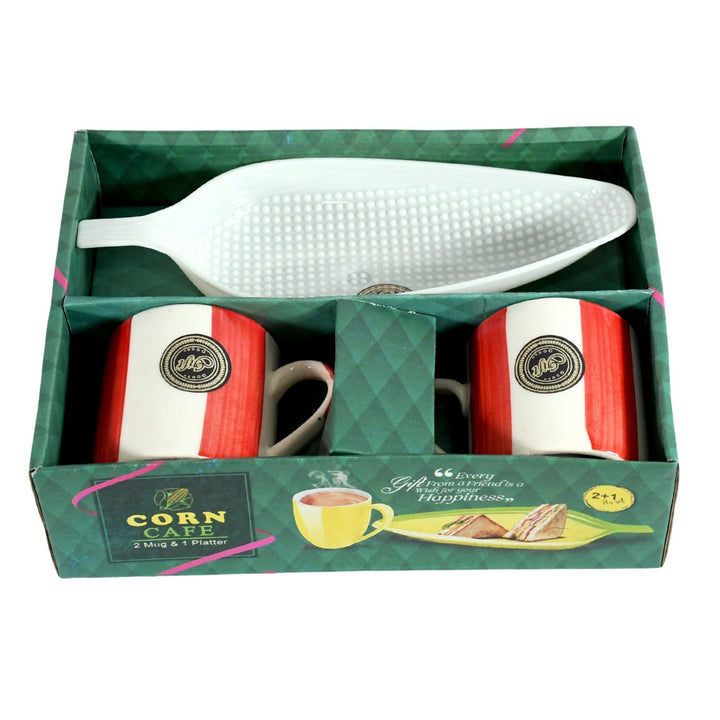 Corn Cafe Ceramic Tea / Cups Set Including Plastic Leaf Shape Serving Platter Milk Cup, Coffee Cup, Tea Cup, Breakfast Cup / Mug, or Outdoor for Household Gift For Birthday (3 Pcs Set) Your Brand