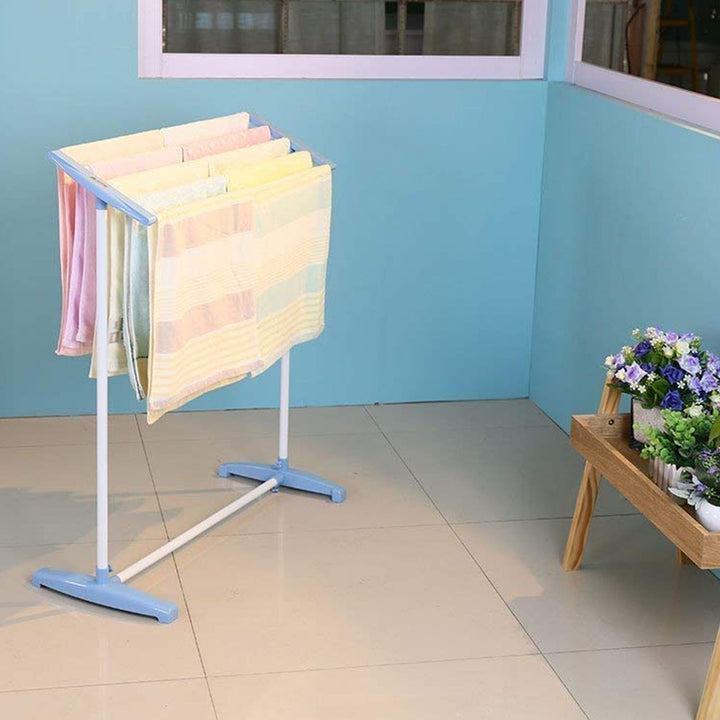 Multi-Functional Single Tier Mobile Towel Foldable Rack for Cloth and Towel / Stainless Steel and Plastic Made Mobile Towel and Cloth Rack Holder Indoor / Outdoor Standing Movable Cloth Dryer Rack, Balcony Cloth Drying Stand Your Brand