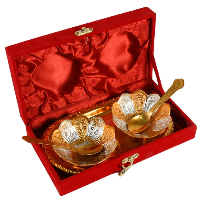 5in1 Gold Silver Plated 2 Bowl 2 Spoon Tray Set Brass with Red Velvet Gift Box Serving Dry Fruits Desserts Gift Your Brand