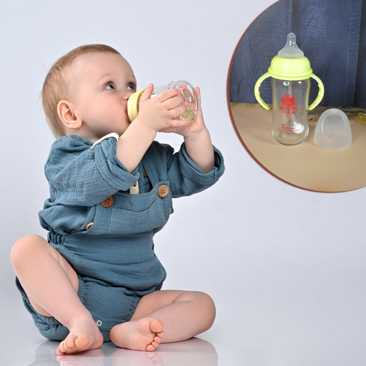 Glass Baby Feeding Bottle with Handles & Straw (240 ML / 1 Pc) - TezCart