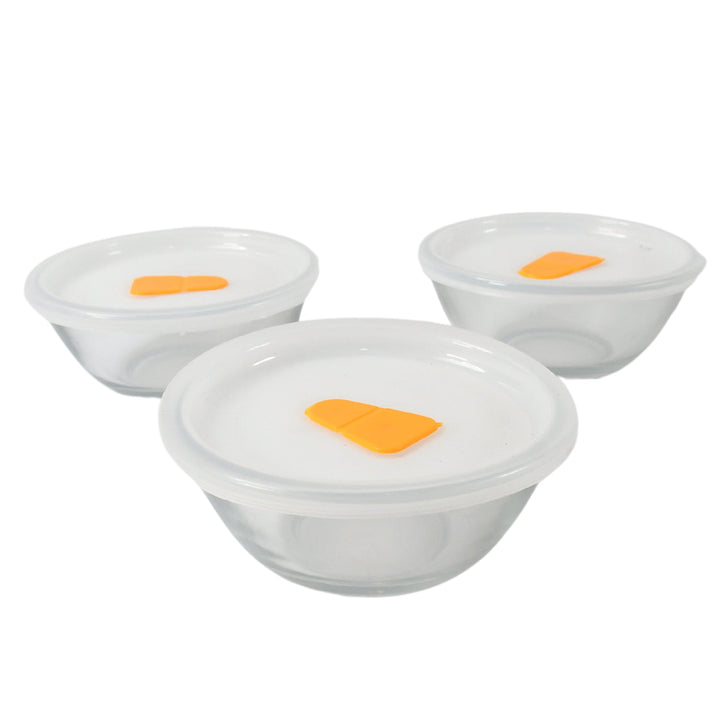 Bista Glass Serving & Mixing Bowls with Plastic Lid | Oven & Microwave Safe & Dishwasher Safe | Scratch Resistant | Transparent | For Household Gift For Birthday (3 Pcs set / 250 ML Approx) Your Brand