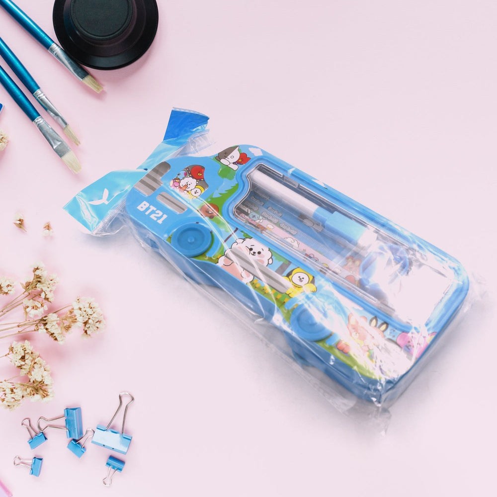 Bus Shape Compass Box for Boys, Kids School Accessories |  Pencil Box  with Wheels for Girls and Kids, String Operated Case Students School Supplies - Stationery Set Organizer Birthday Return Gift for Kids Your Brand