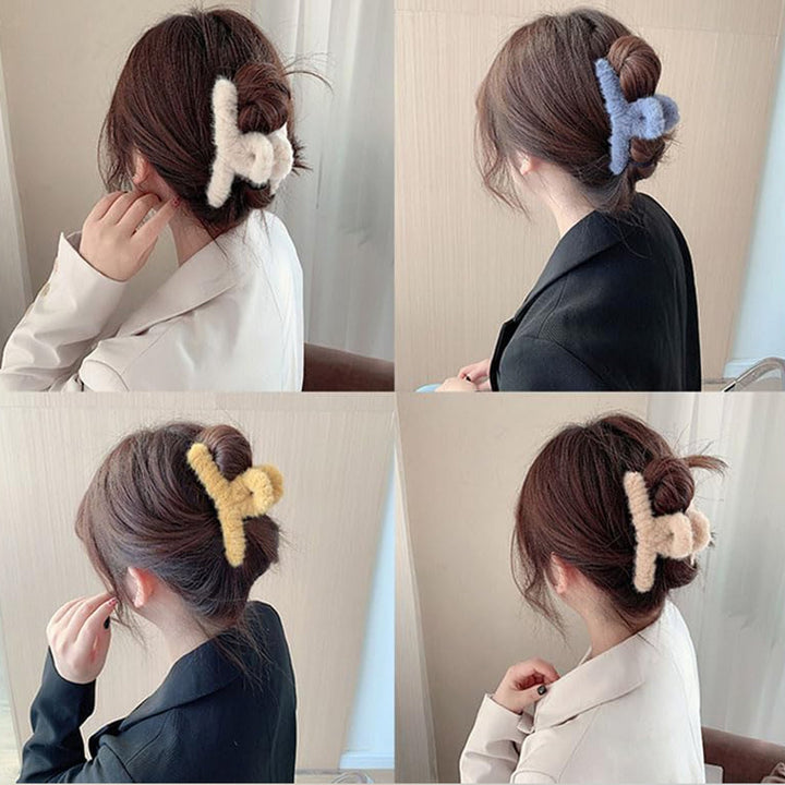 Large Plush Hair Claw Clips, Plastic Fluffy Hair Claw Hair (1 Pc / Mix Color) - TezCart